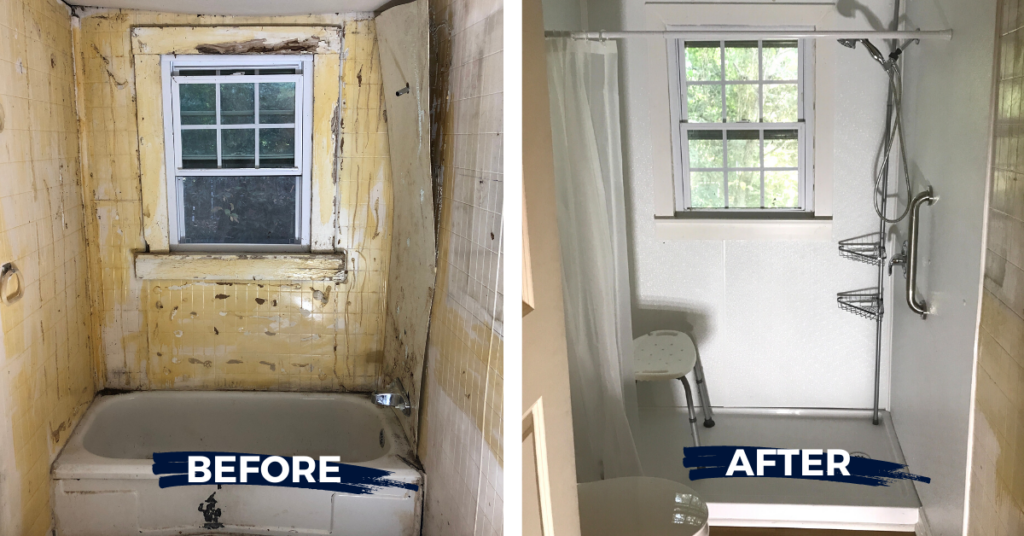 A before/after showcasing bathroom repairs.